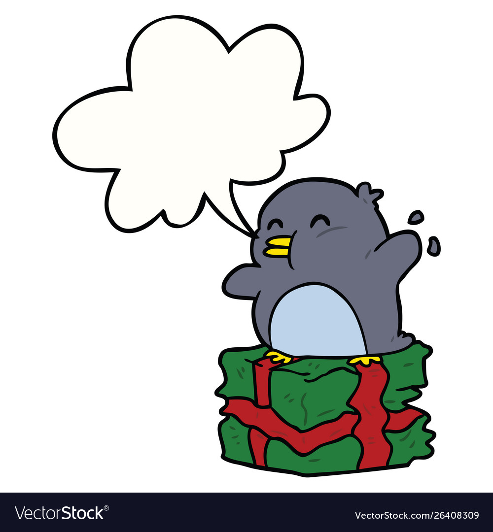 Cartoon penguin on wrapped present and speech