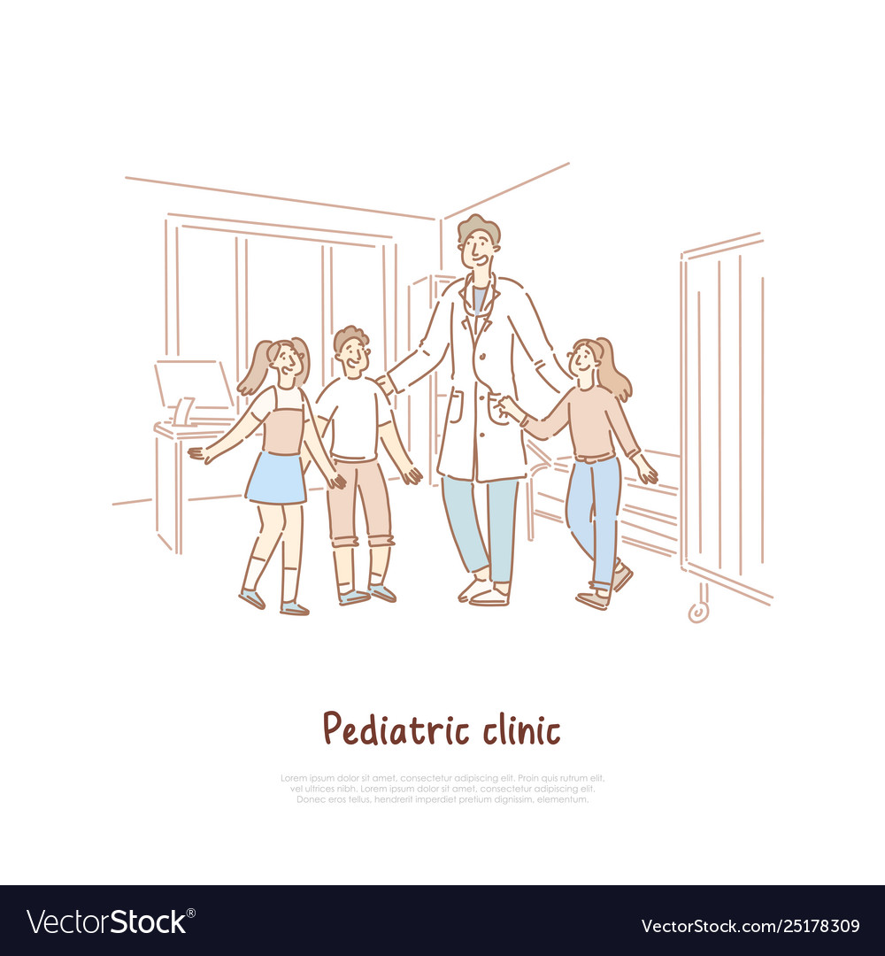 Smiling Doctor In White Coat And Happy Kids Vector Image