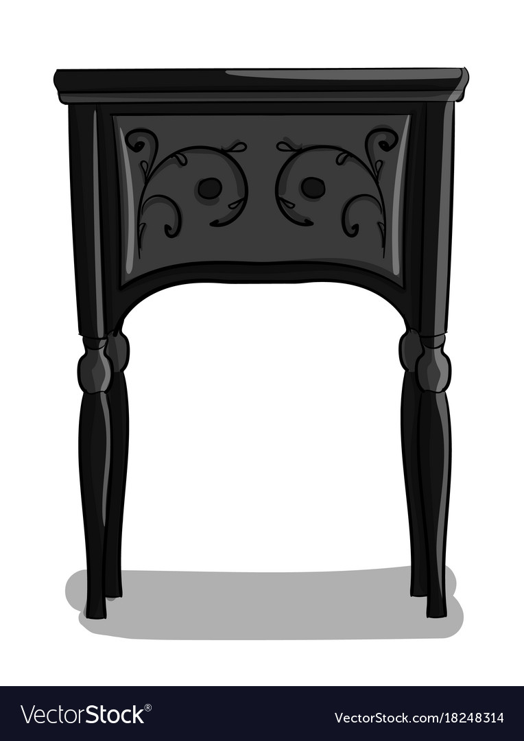 A wooden bedside table with black and gray carved