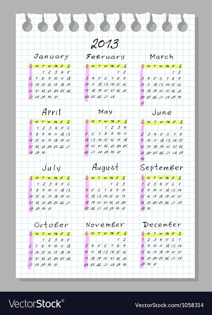 calendar for 2013 week begins with sunday vector image 2013 week calendar