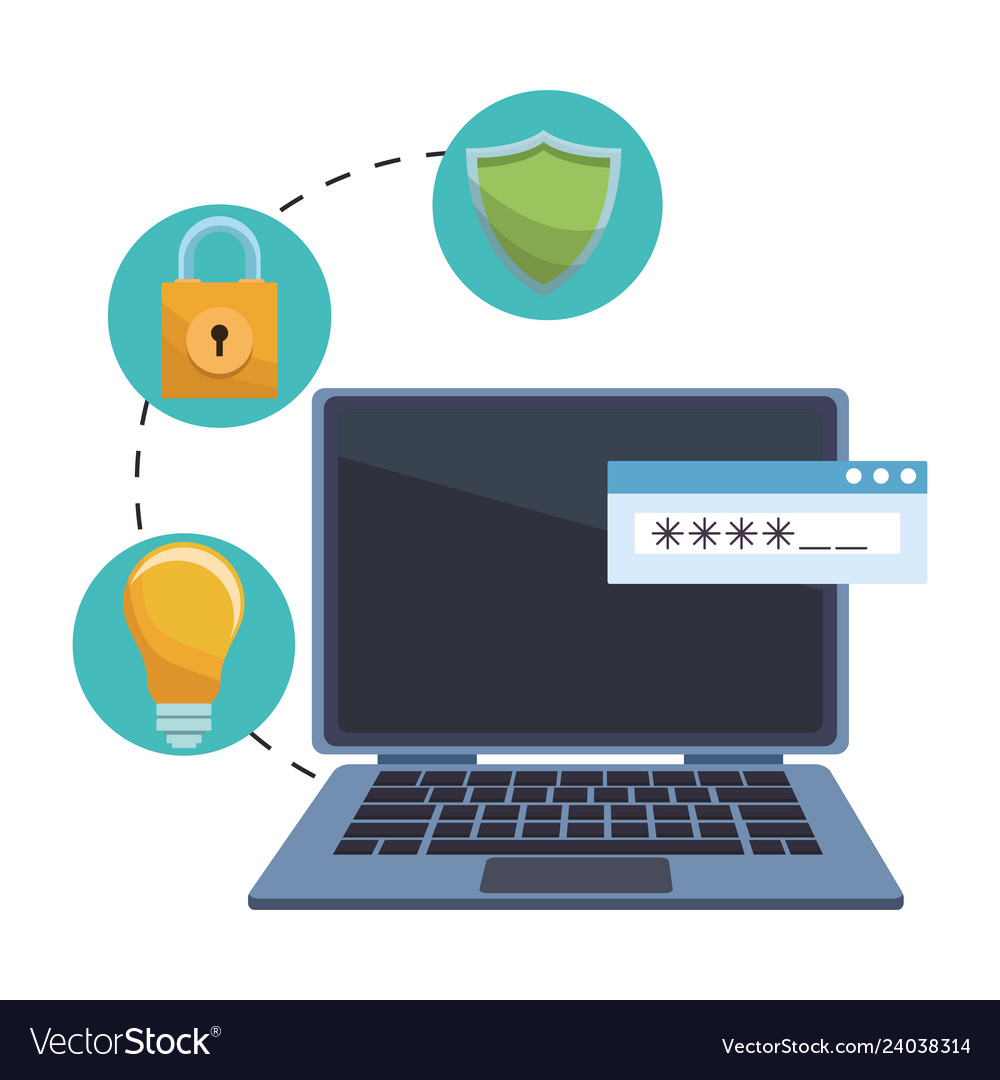 Computer with informatic security items vector image Computer with informatic security items