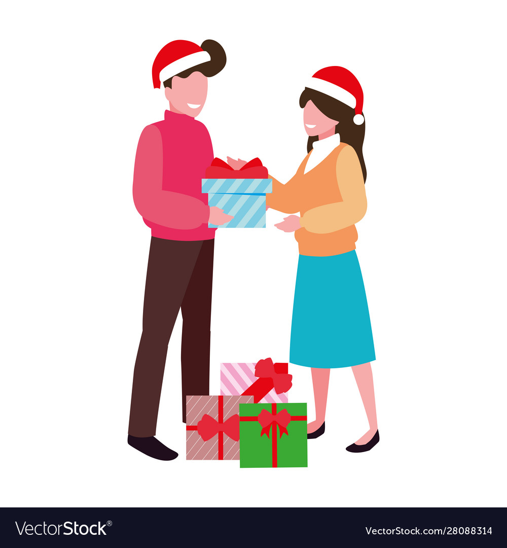 Couples with gift boxes on white background