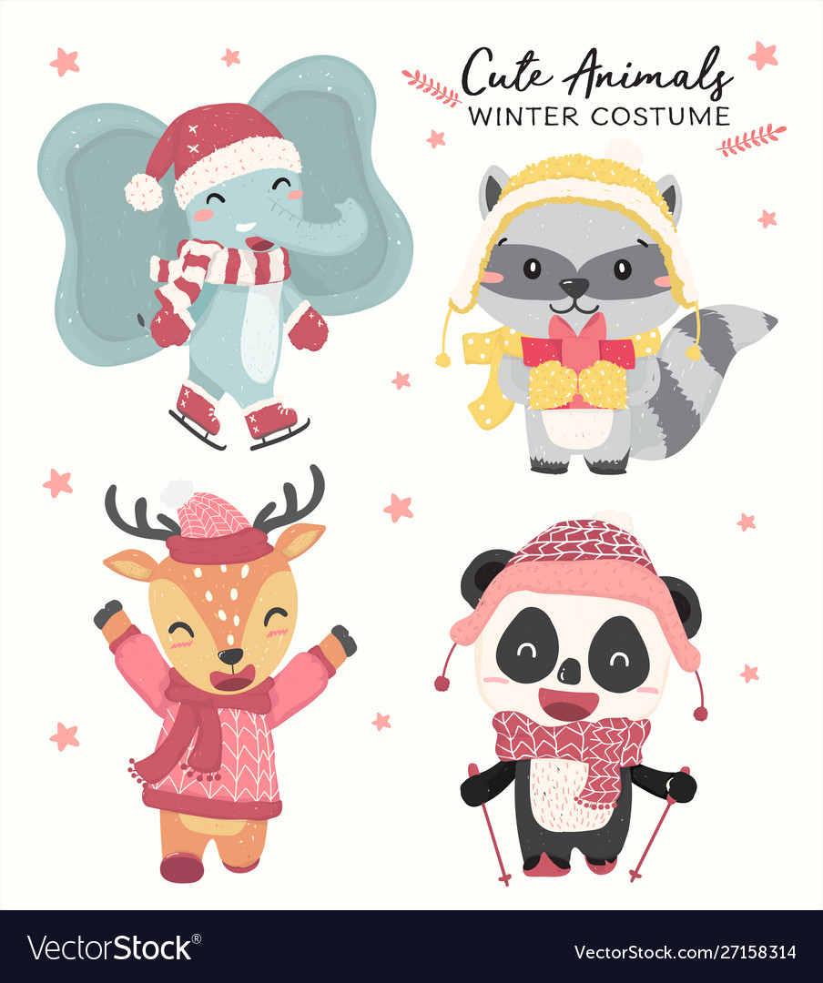 Cute happy pastel wild animals in winter costume Vector Image Cute happy pastel wild animals in winter costume Vector Image