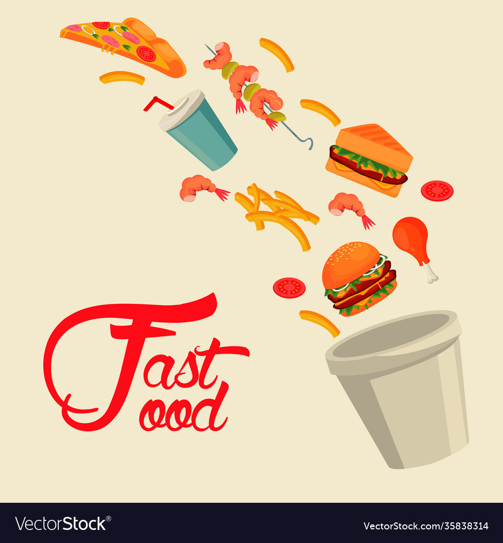 Pot with delicious fast food and lettering vector image Pot with delicious fast food and lettering