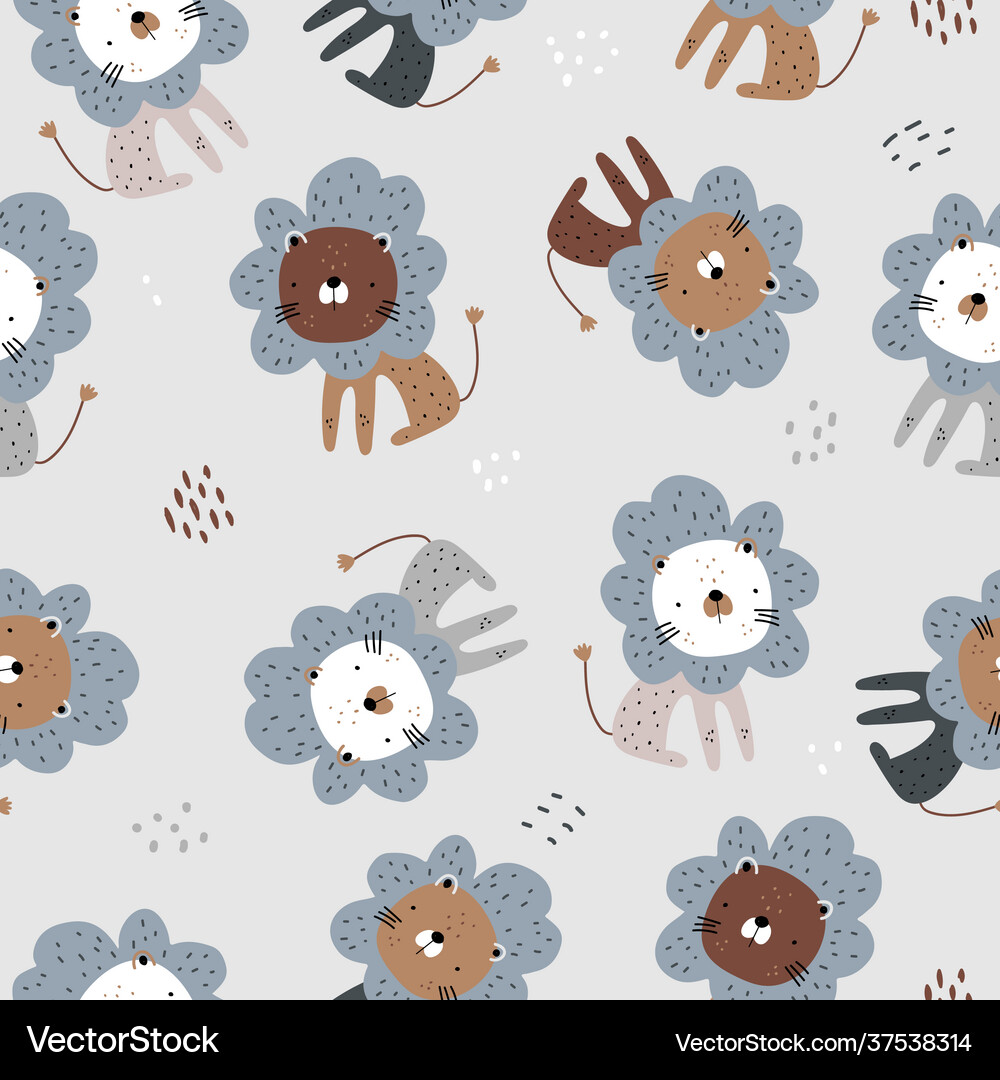Seamless childish pattern with cute lions on gray Vector Image