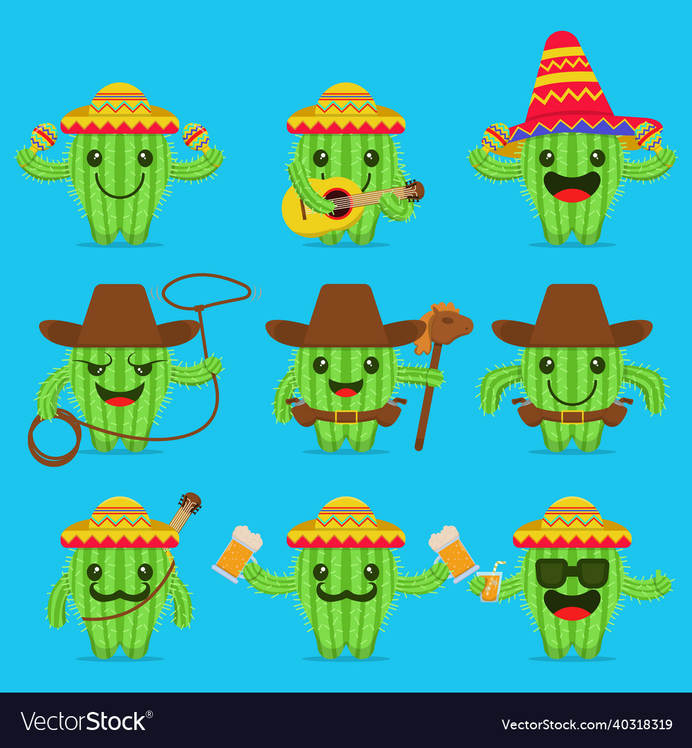 Cute Cactus Cartoon Character Set Royalty Free Vector Image