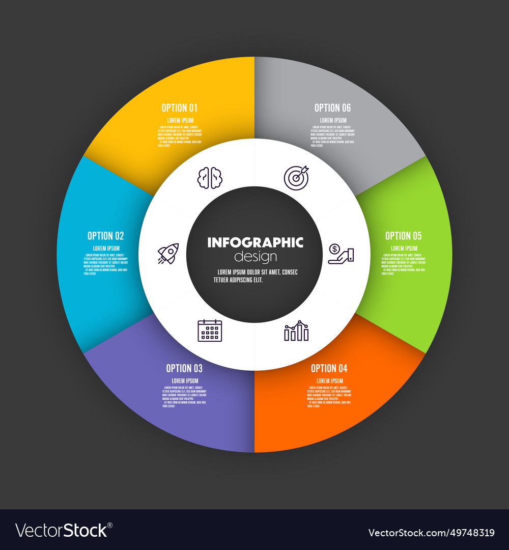 Infographic circle pie chart template 6 option vector image Infographic circle pie chart template 6 option
