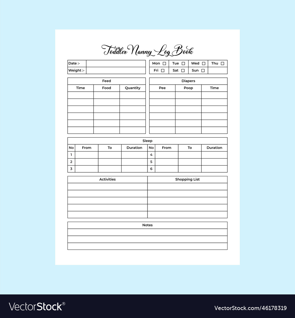 Toddler nanny log book kdp interior daily vector image