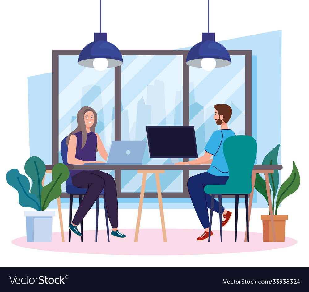 Coworking space couple in desk with computers vector image Coworking space couple in desk with computers