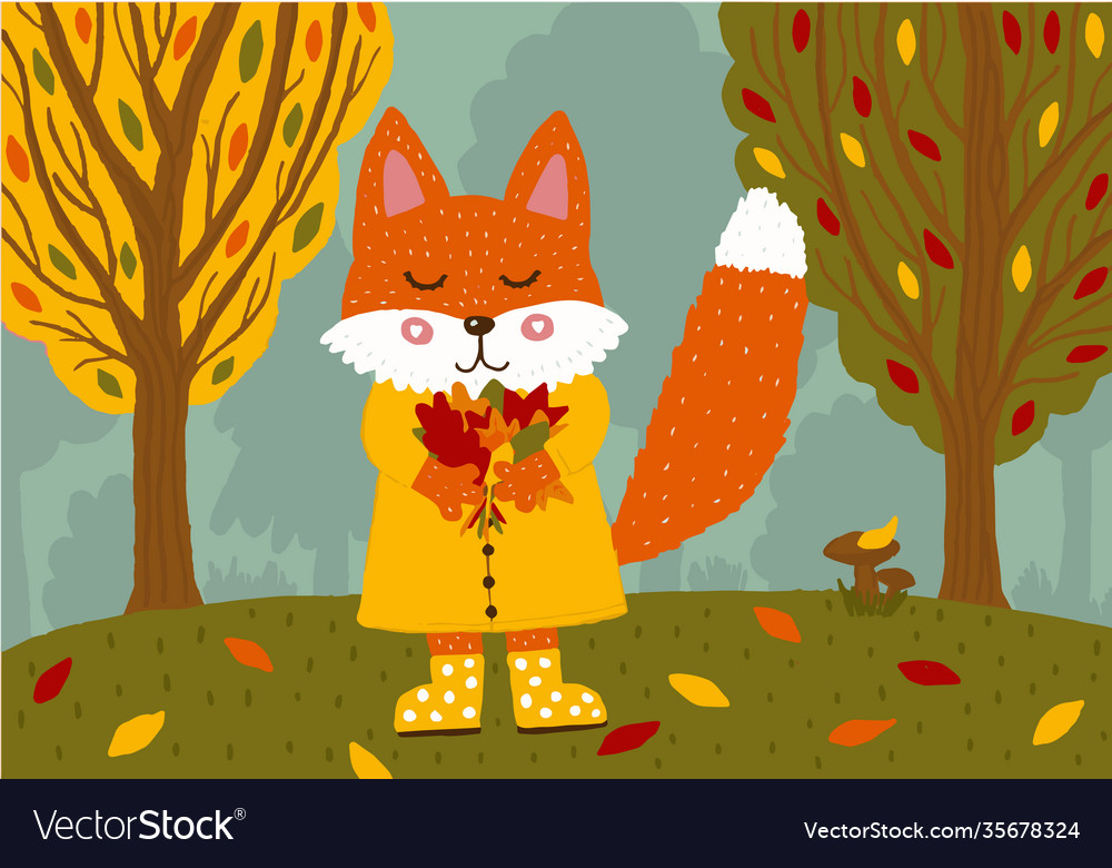 Cute fox in a yellow raincoat and rubber boots