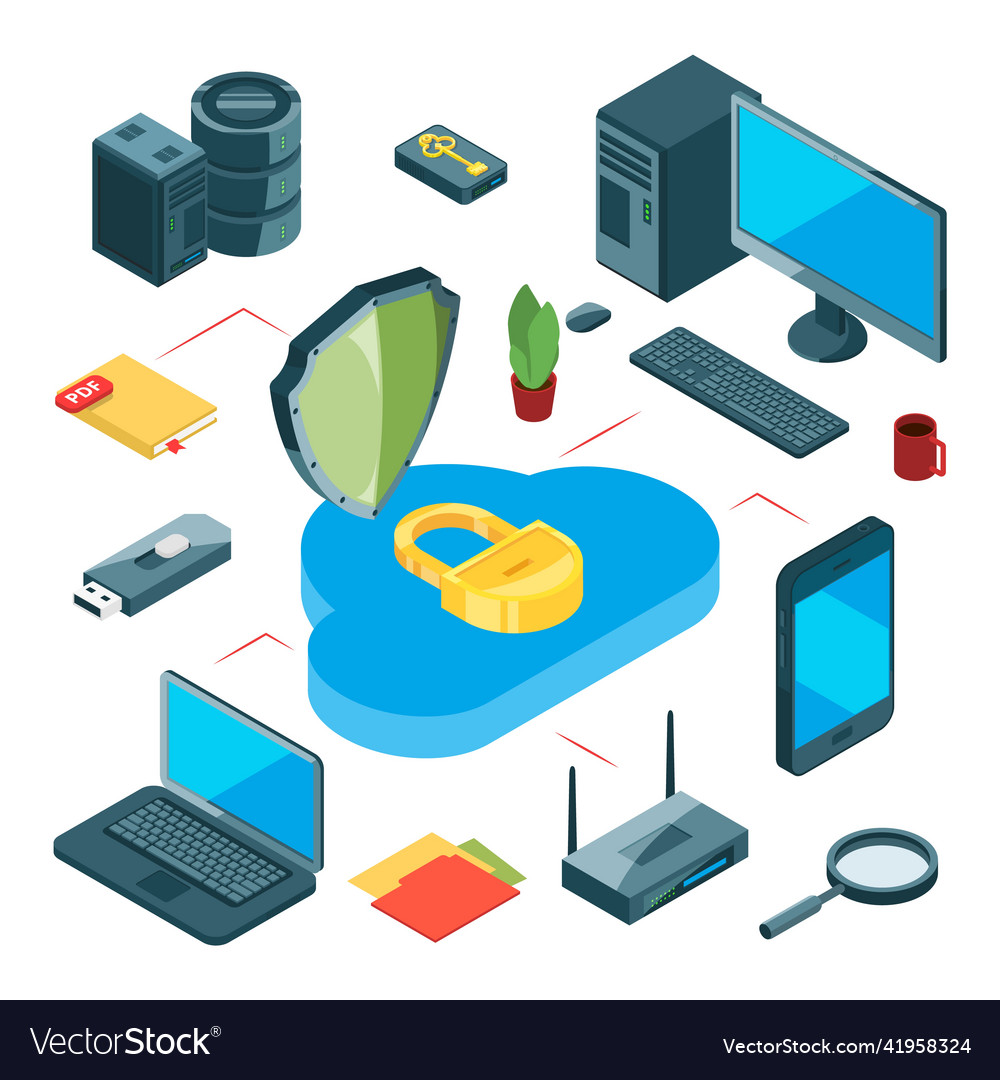 Secure cloud storage isometric data vector image Secure cloud storage isometric data