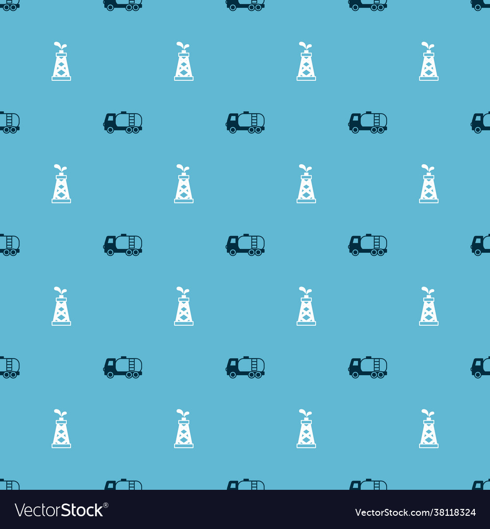 Set tanker truck and oil rig on seamless pattern