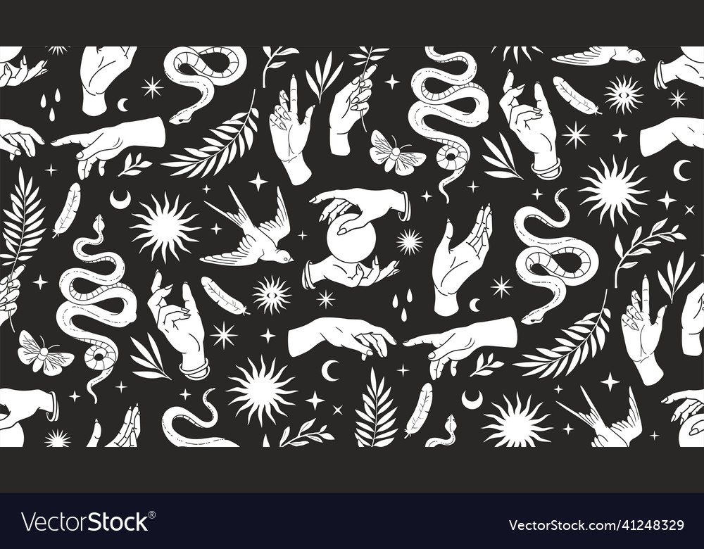 Boho mystical seamless pattern with hands snakes vector image Boho mystical seamless pattern with hands snakes
