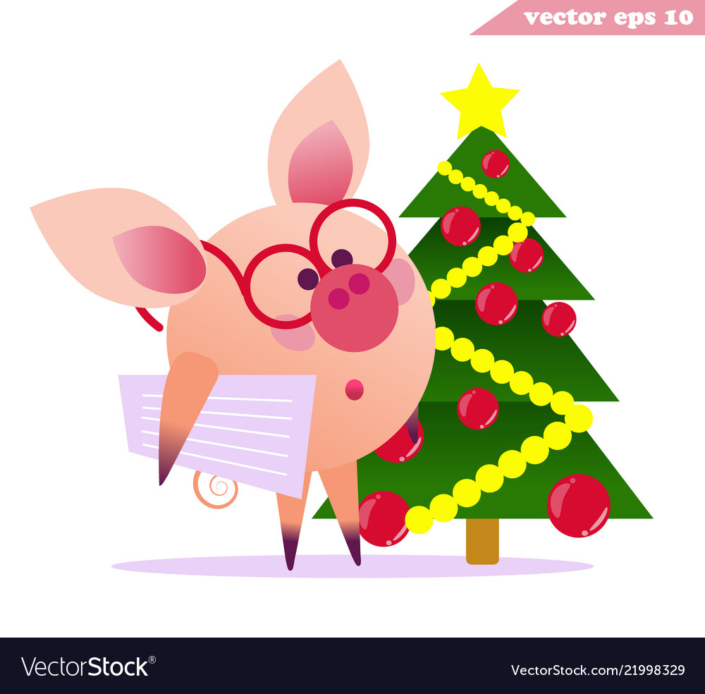 Funny pig with glasses and christmas tree