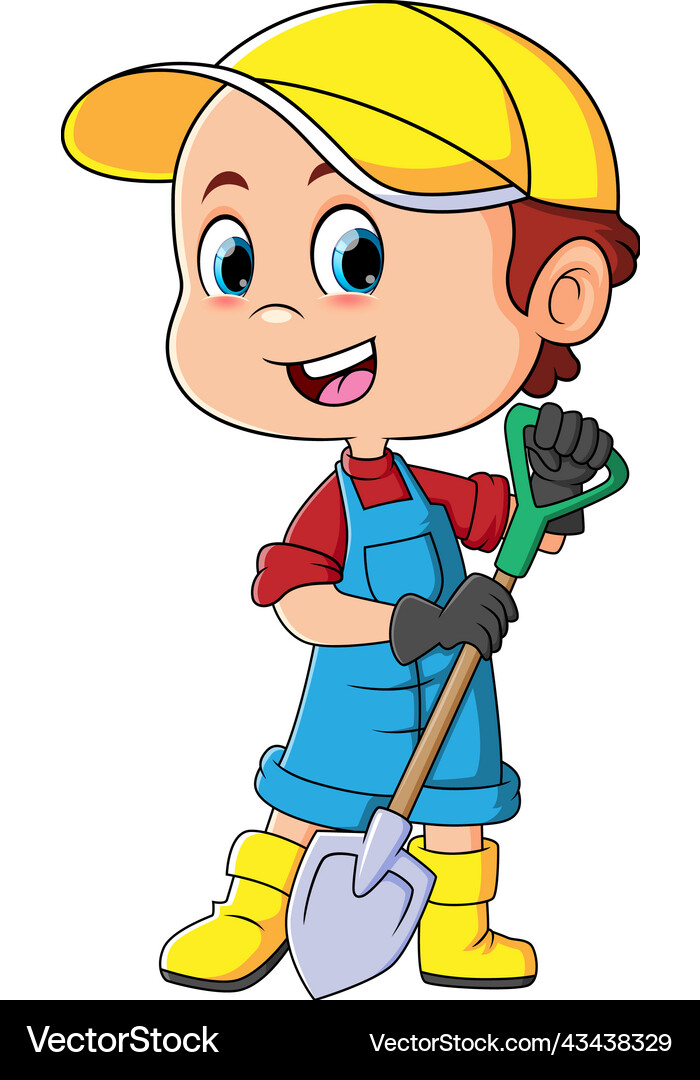 Little boy is digging the ground with shovel Vector Image