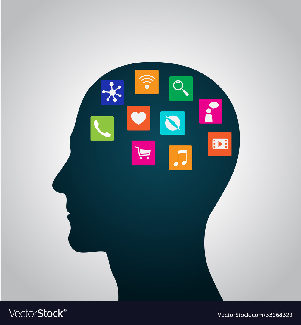 Mobile apps installed into brain replacing vector image Mobile apps installed into brain replacing