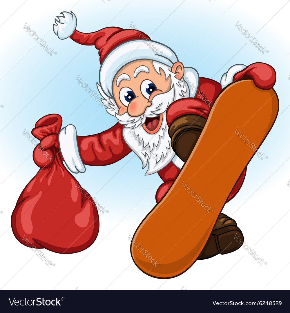 Santa claus mit Geschenktasche auf dem Snowboard
