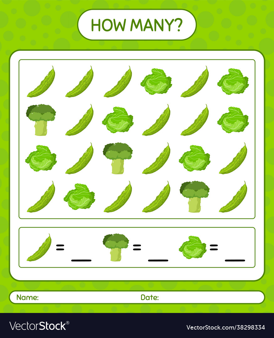 How many counting game with vegetables worksheet vector image How many counting game with vegetables worksheet