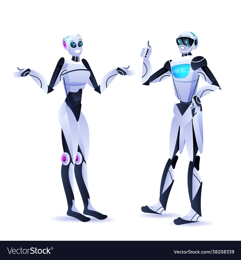 Modern robotic characters standing together robots Vector Image Modern robotic characters standing together robots
