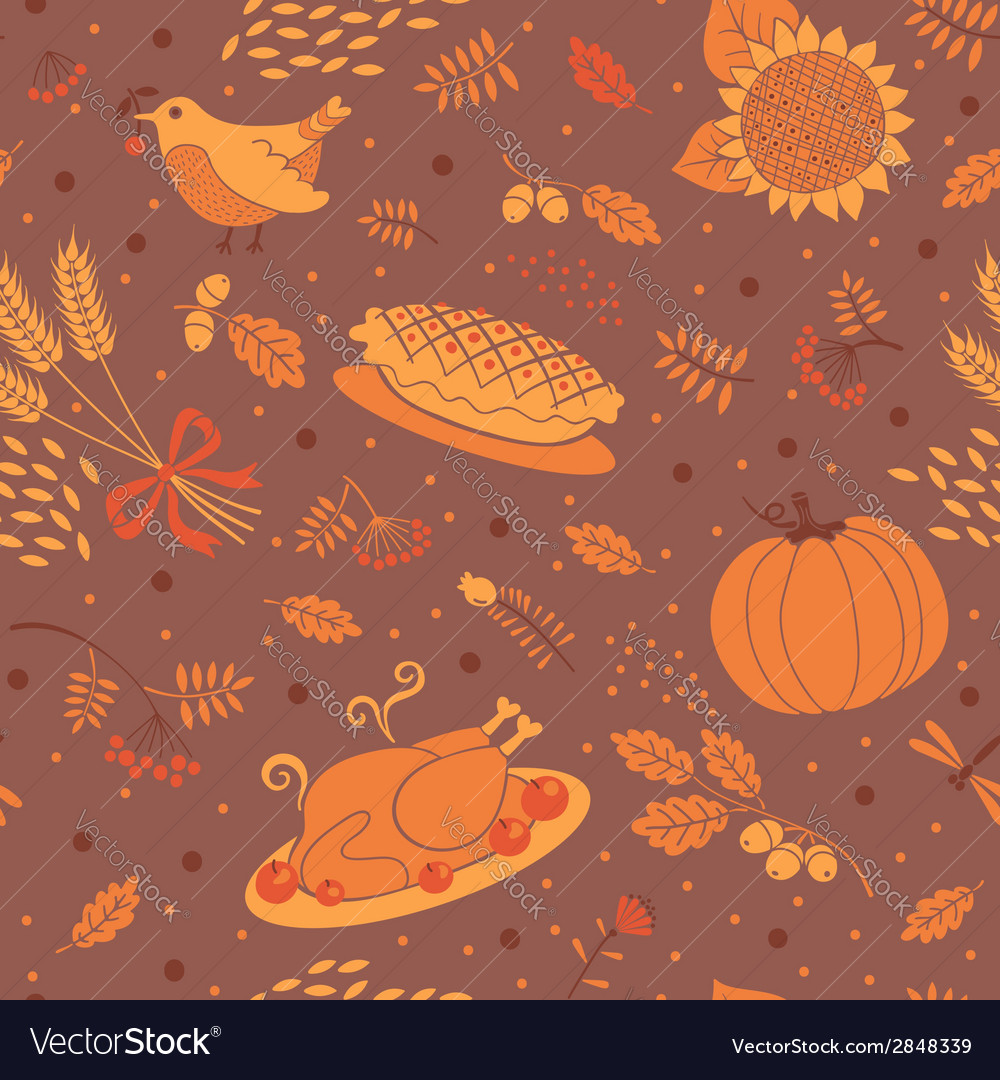 Seamless pattern with pumpkins leaves wheat