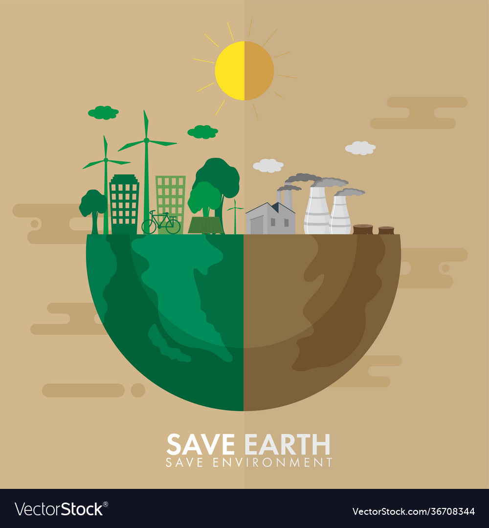 Half earth green or eco and pollution city Vector Image