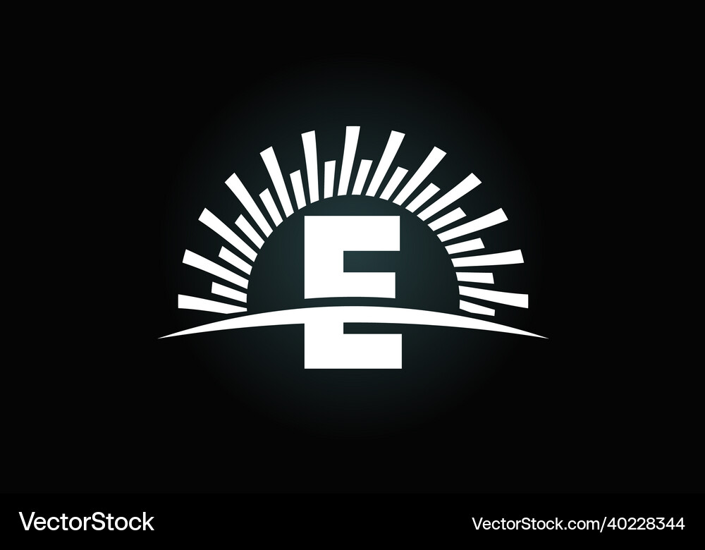 Initial e monogram alphabet with the abstract sun Vector Image