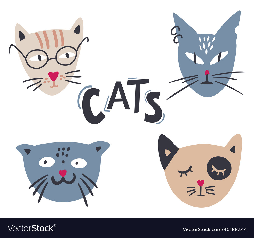 Muzzles of cats set happy funny domestic