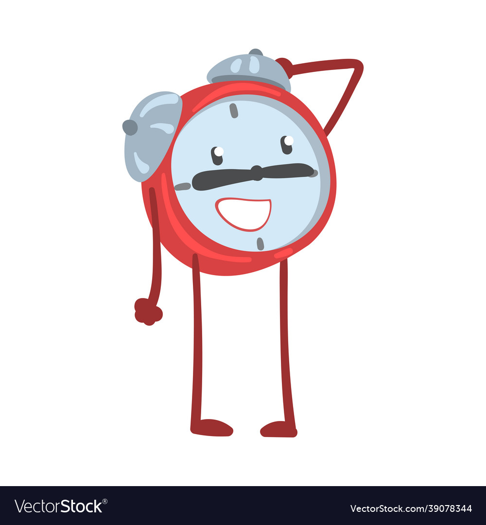 Red alarm clock character standing and scratching