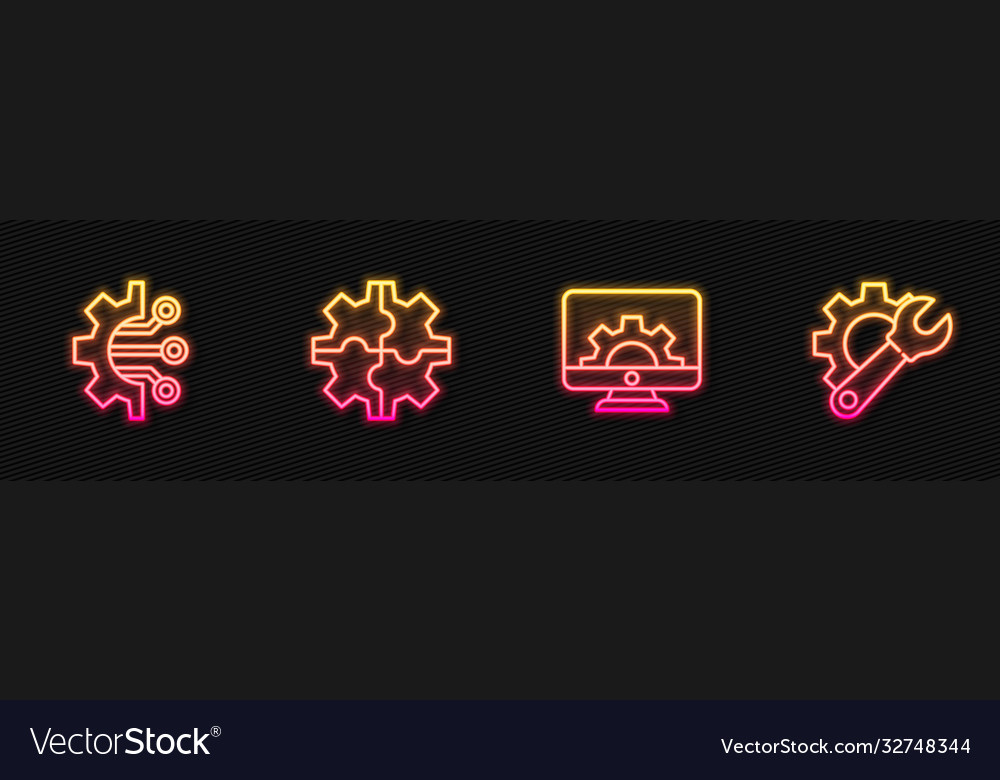 Set line computer monitor and gear algorithm vector image Set line computer monitor and gear algorithm
