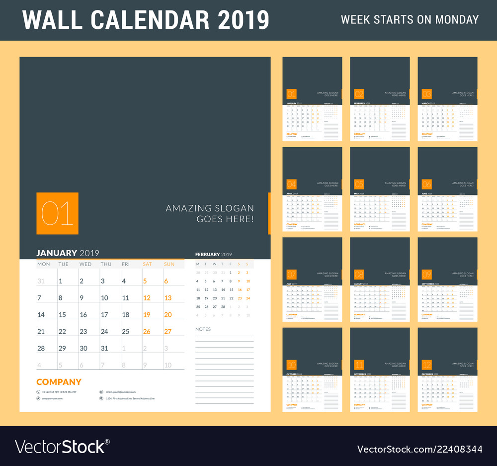 Wall calendar planner template for 2019 year set