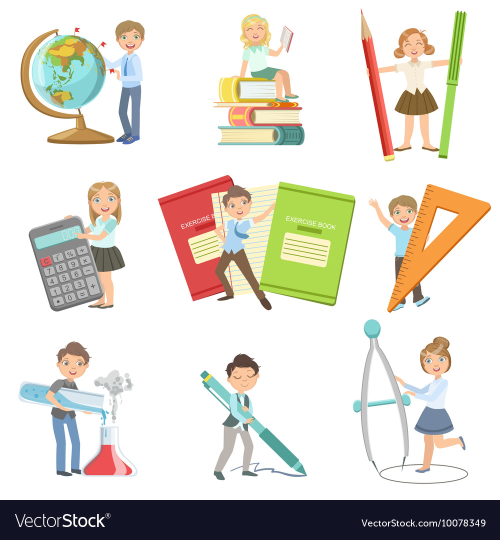 Download Kids with giant school attributes Royalty Free Vector Image