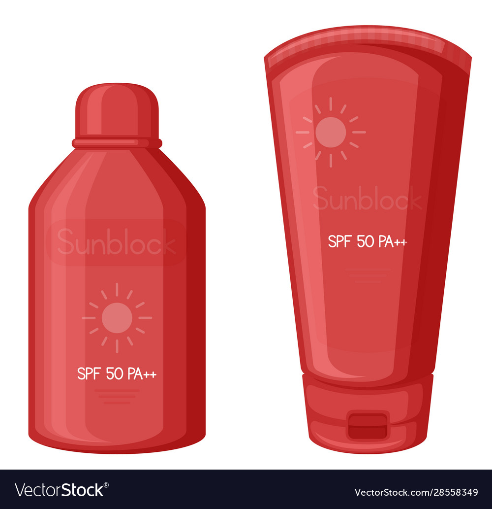 Sunscreen lotion in red bottle and tube Royalty Free Vector