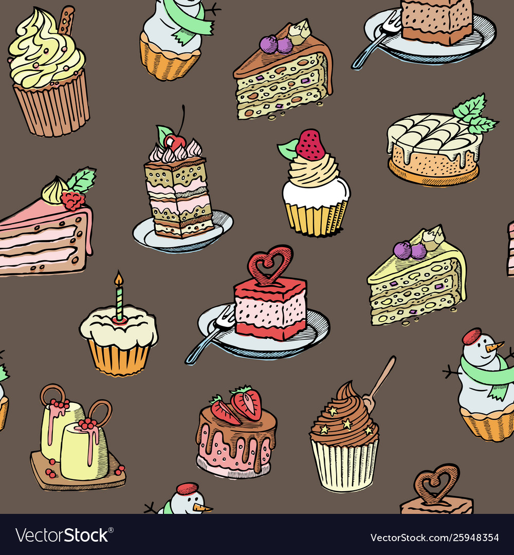 Cupcakes seamless pattern sketch style