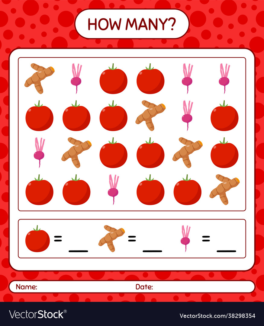 How many counting game with vegetables worksheet vector image How many counting game with vegetables worksheet