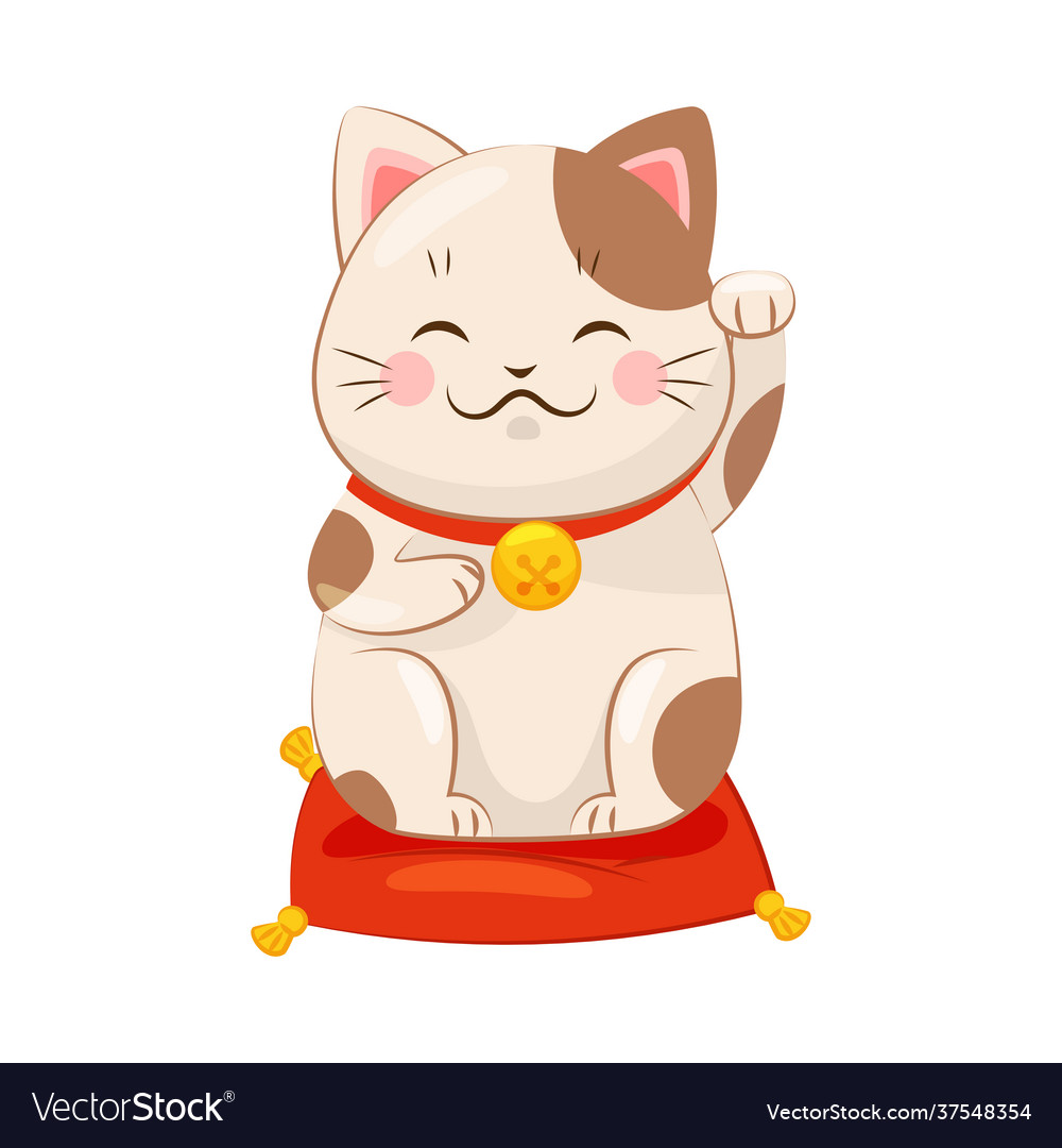 Maneki-neko cat seated on pillow with raised left