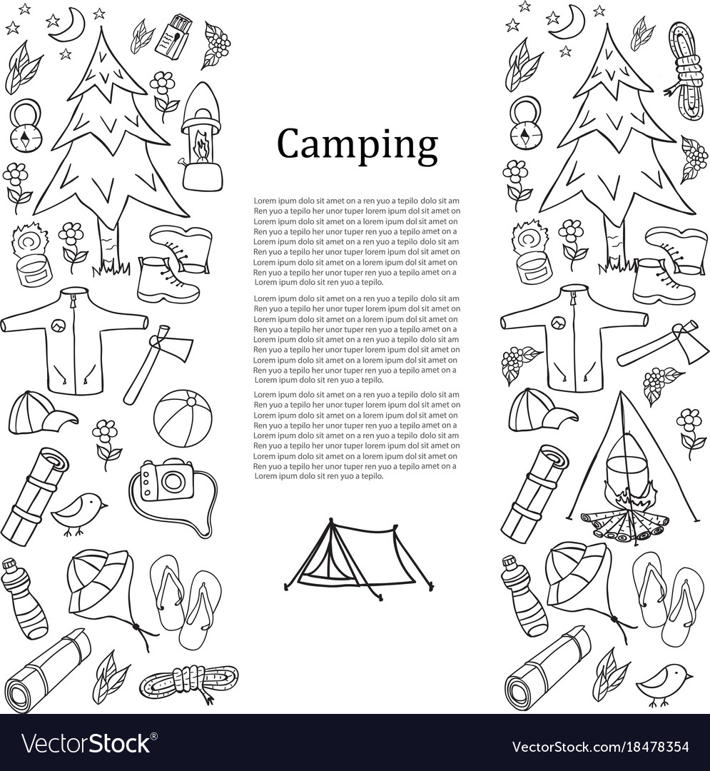 Satz von Hand gezeichnete Skizze Camping-Ausrüstung Symbole