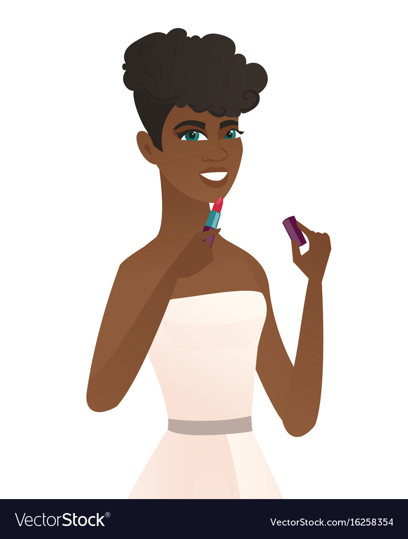 Young african bride paints lips with red lipstick