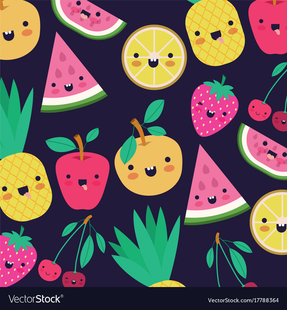 Kawaii fruits pattern set with face expression