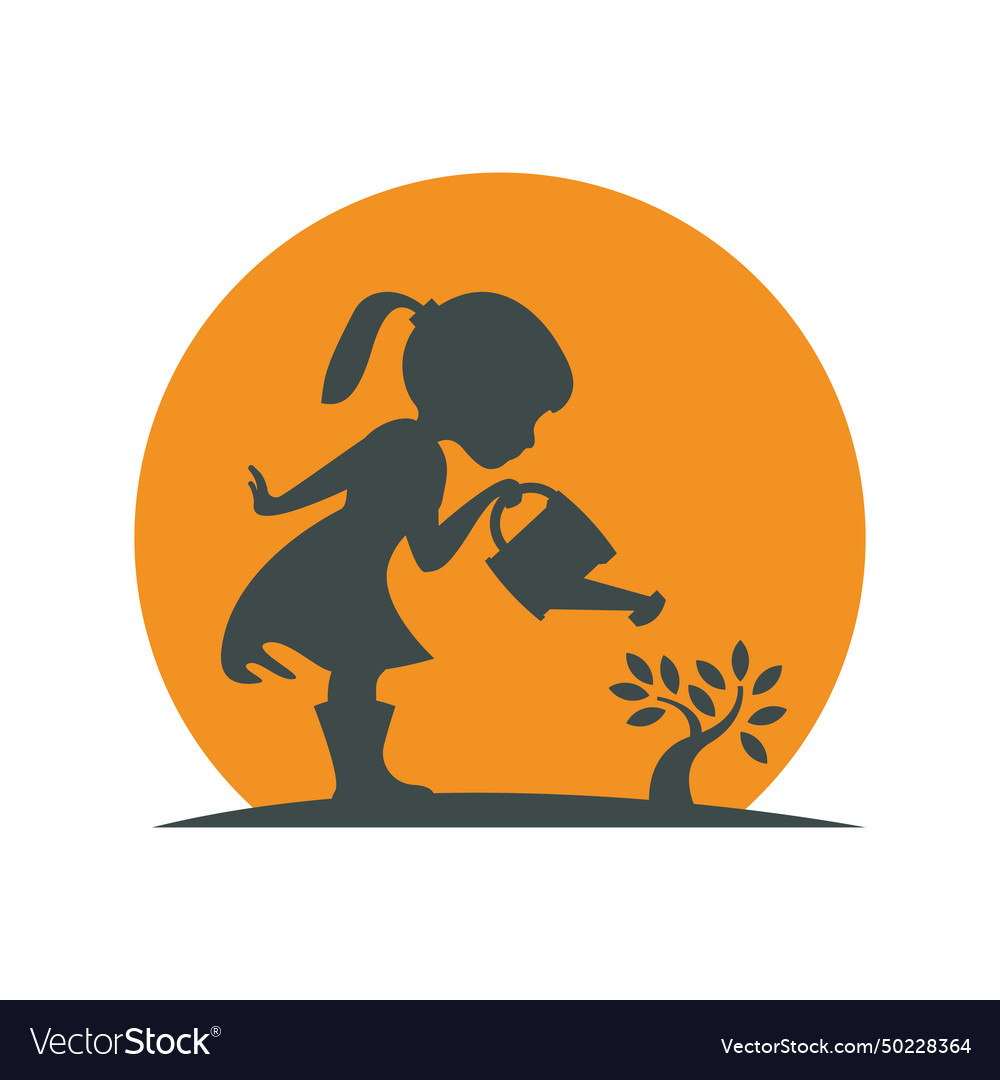 Little girl watering the plants at sunrise logo