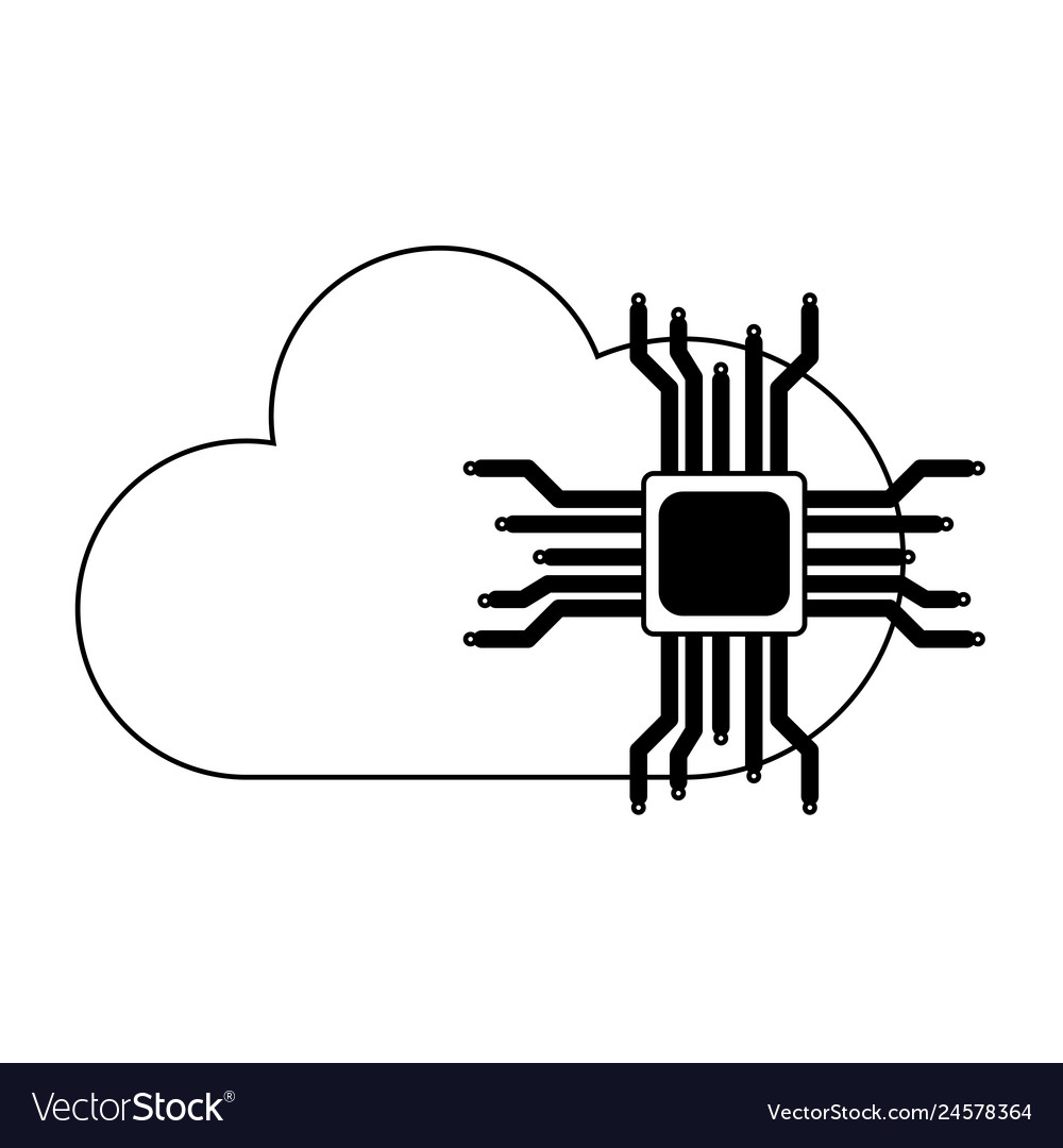 Microchip and cloud computing in black white vector image Microchip and cloud computing in black white