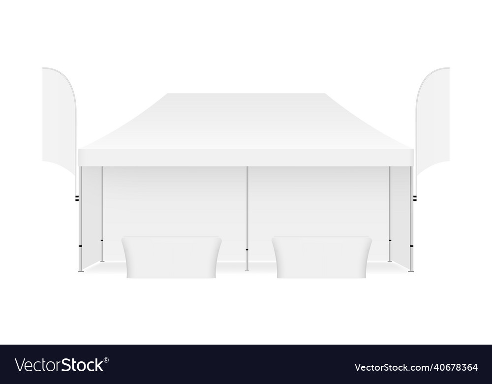 Rectangular tent with flags and tables