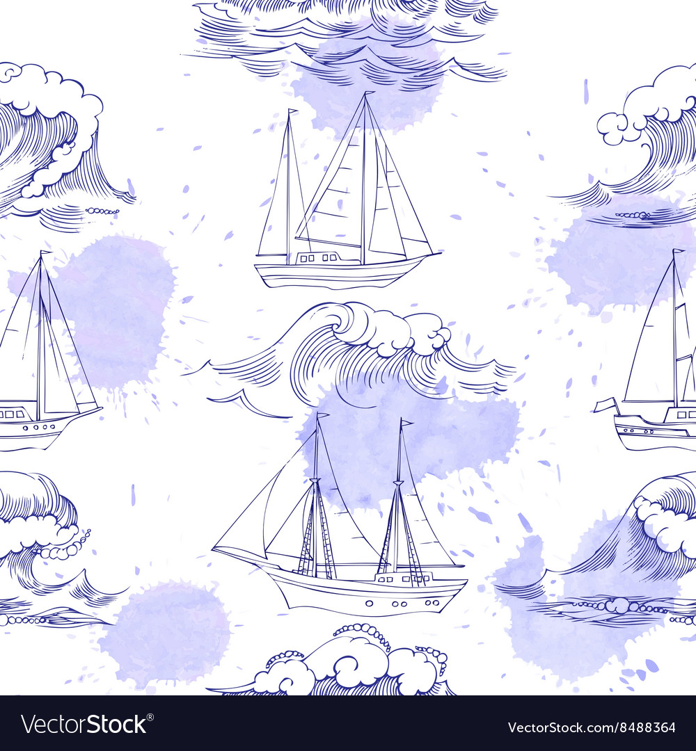 Seamless pattern with waves and ships