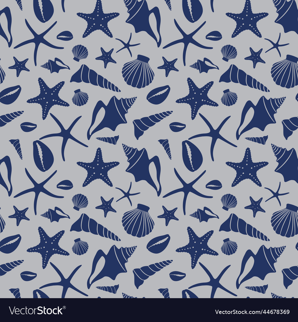 Boho seamless pattern with blue conch shells