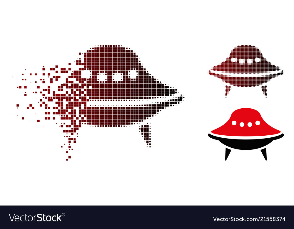 Disintegrating pixel halftone alien spaceship icon vector image Disintegrating pixel halftone alien spaceship icon