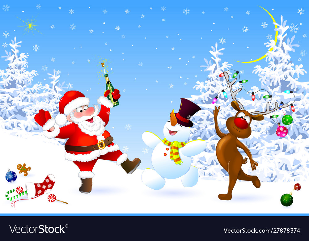 Joyful santa snowman and deer celebrate christmas