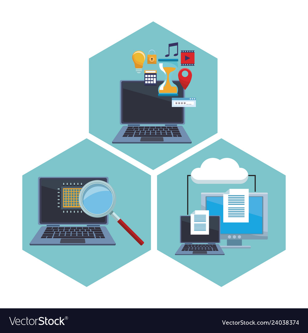 Set computer with informatic items vector image Set computer with informatic items