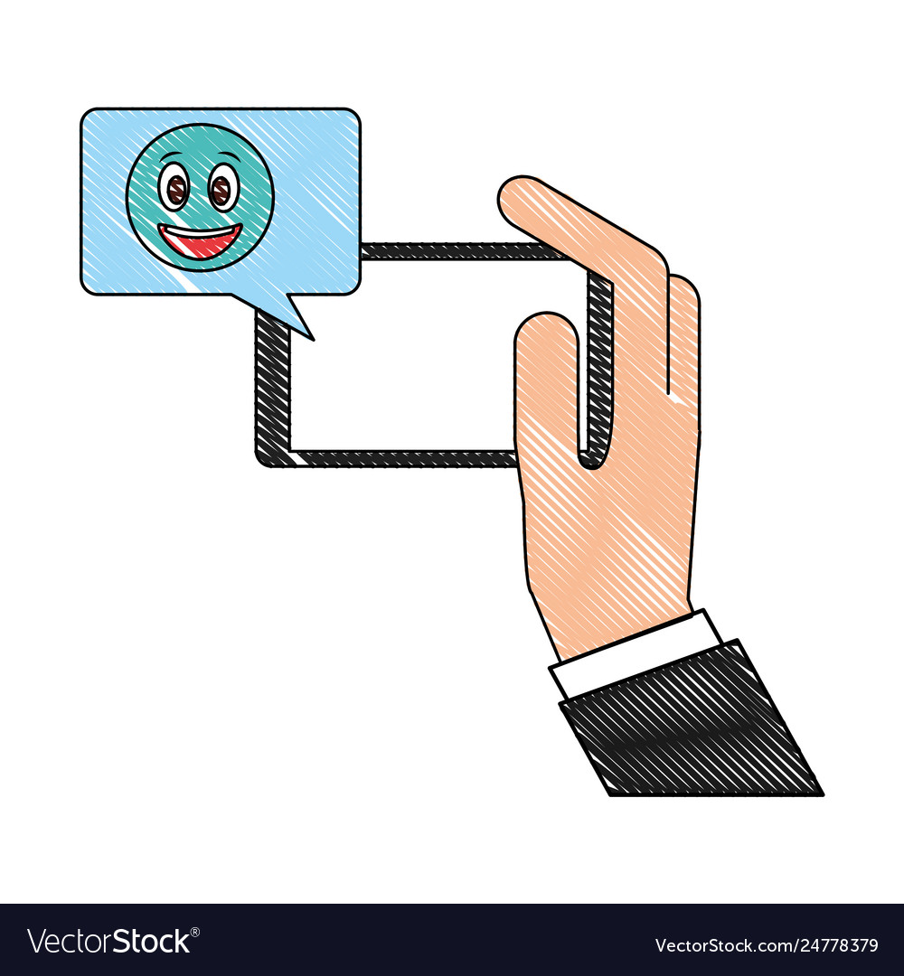 Hand with smartphone chatting happy emoji