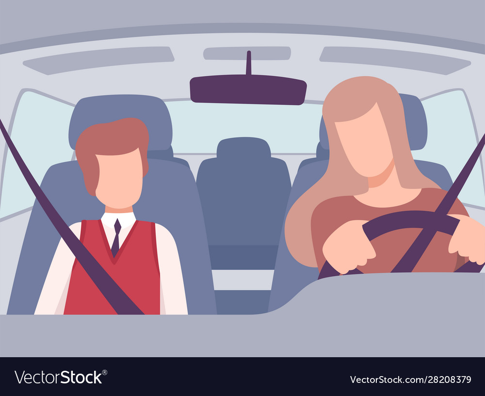 Woman driving a car boy sitting on passenger