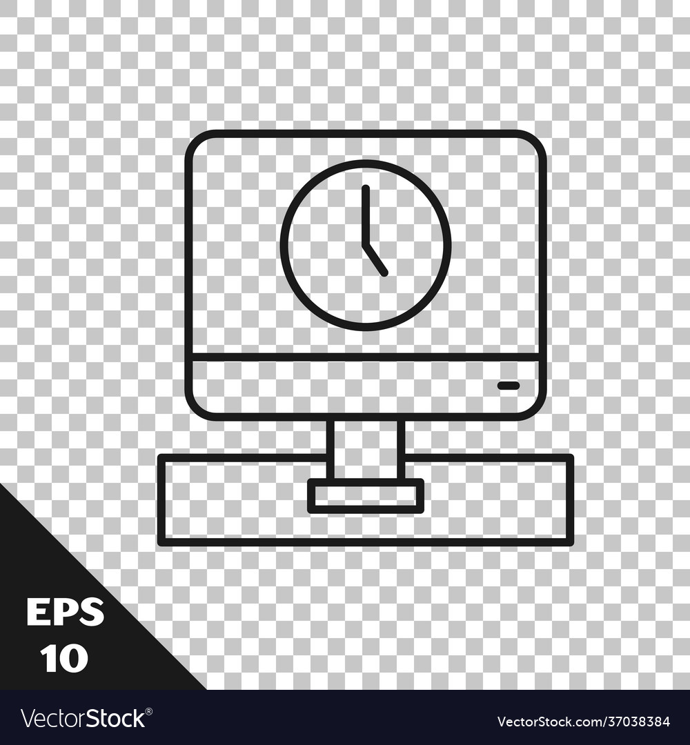 Black line computer monitor time icon isolated