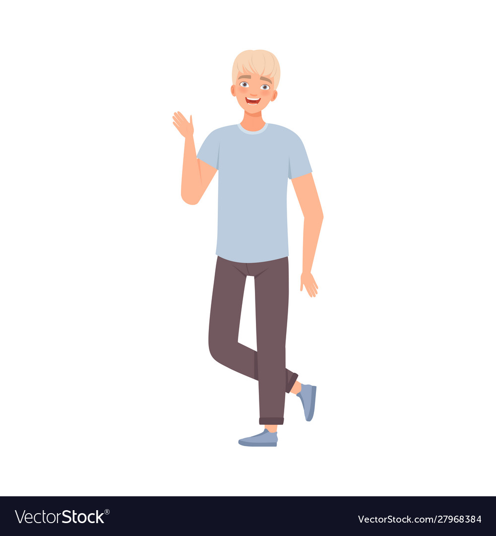 Blond teenager boy stands waving with hand flat